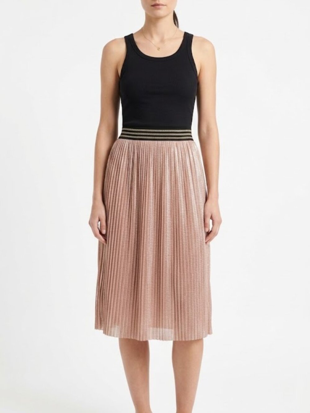 Vilagallo metallic rose gold shimmer pleated midi skirt
